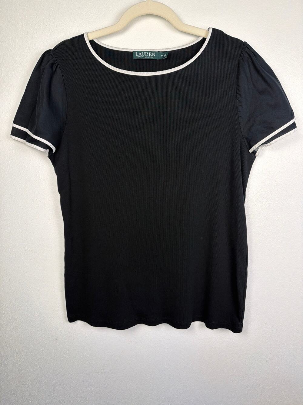 LAUREN Ralph Lauren Womens Black Ribbed Short Sleeve 100% Cotton Top White Trim